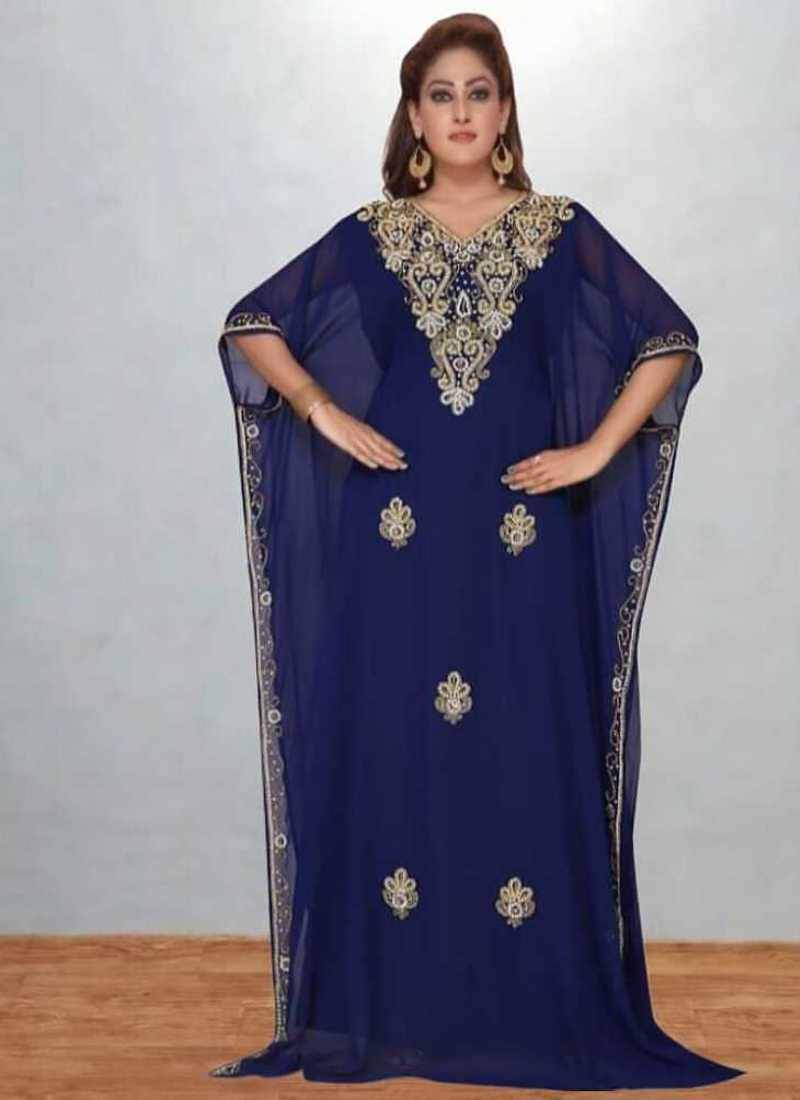 Luxurious Blue Kaftan With Gold Work Stitched Dress