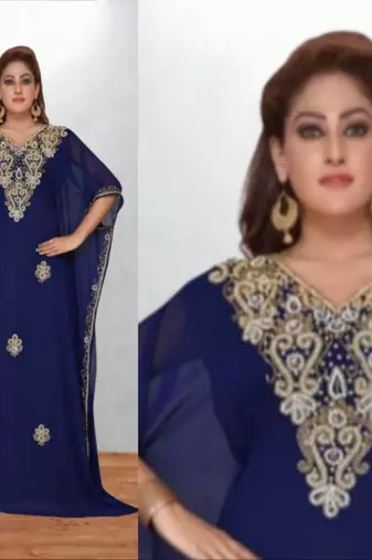 Luxurious Blue Kaftan With Gold Work Stitched Dress