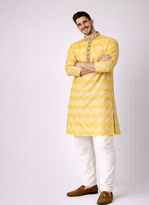 Yellow color jaquard weaving work jaquard silk kurta payjama set 4