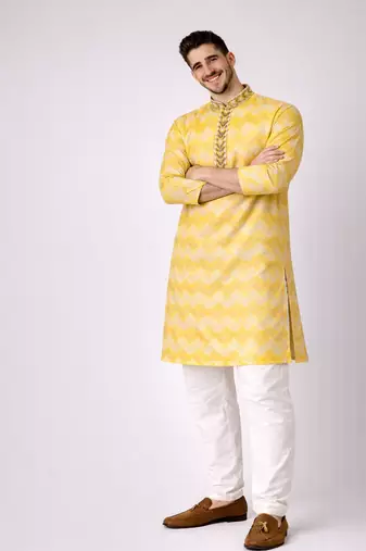 Yellow color jaquard weaving work jaquard silk kurta payjama set
