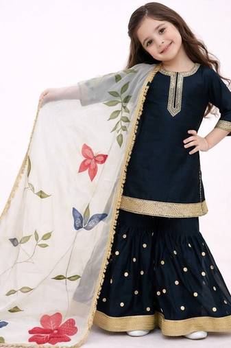 Designer party wear heavy silk kids top sharara & dupatta set