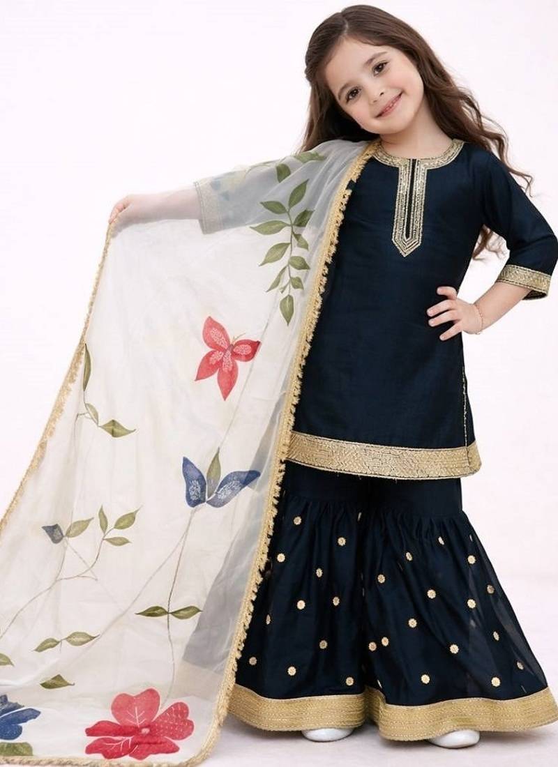 Designer party wear heavy silk kids top sharara & dupatta set
