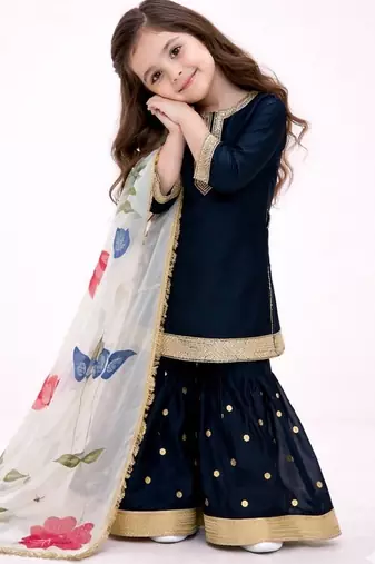 Designer party wear heavy silk kids top sharara & dupatta set
