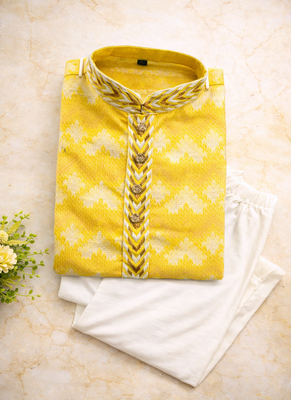 Yellow color jaquard weaving work jaquard silk kurta payjama set 5