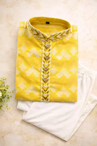 Yellow color jaquard weaving work jaquard silk kurta payjama set