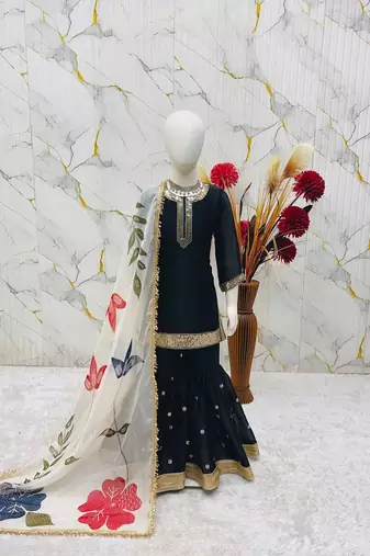 Designer party wear heavy silk kids top sharara & dupatta set