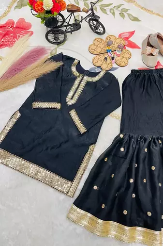 Designer party wear heavy silk kids top sharara & dupatta set