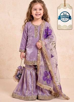Designer party wear heavy silk kids top sharara & dupatta set 1