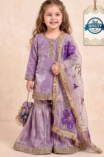 Designer party wear heavy silk kids top sharara & dupatta set