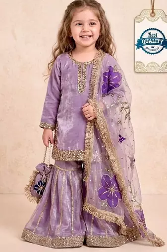 Designer party wear heavy silk kids top sharara & dupatta set