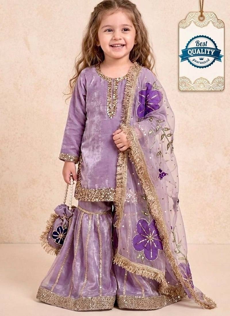 Designer party wear heavy silk kids top sharara & dupatta set