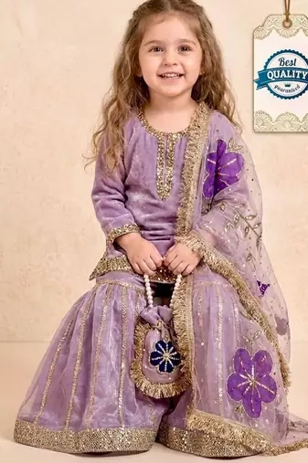 Designer party wear heavy silk kids top sharara & dupatta set