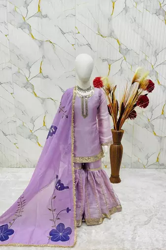 Designer party wear heavy silk kids top sharara & dupatta set