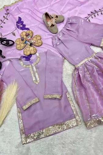 Designer party wear heavy silk kids top sharara & dupatta set