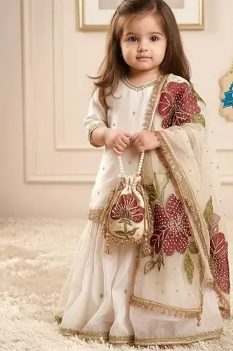 Designer party wear heavy silk kids top sharara & dupatta set