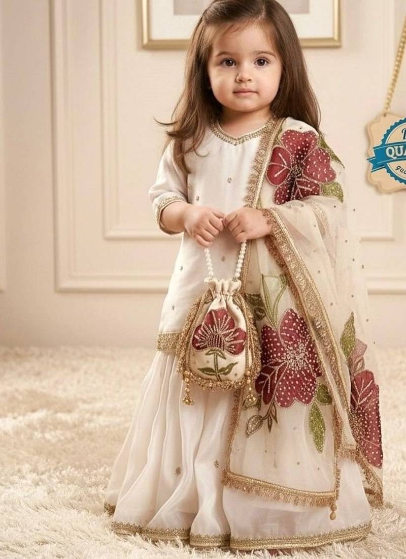 Designer party wear heavy silk kids top sharara & dupatta set