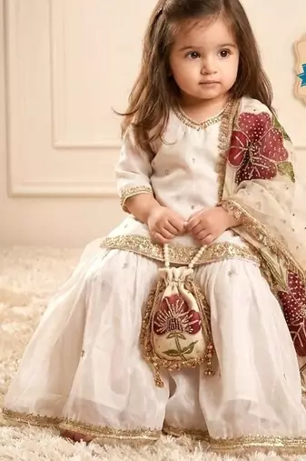 Designer party wear heavy silk kids top sharara & dupatta set