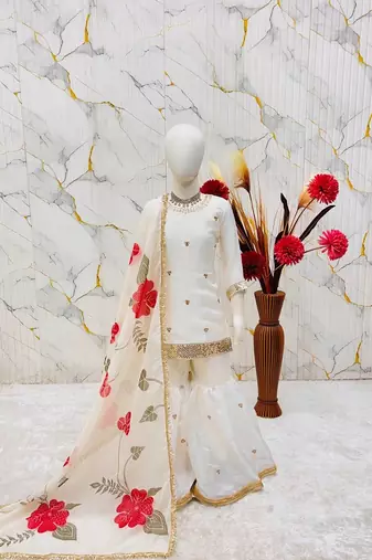 Designer party wear heavy silk kids top sharara & dupatta set