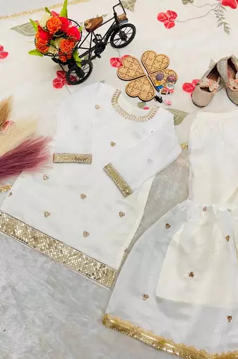 Designer party wear heavy silk kids top sharara & dupatta set