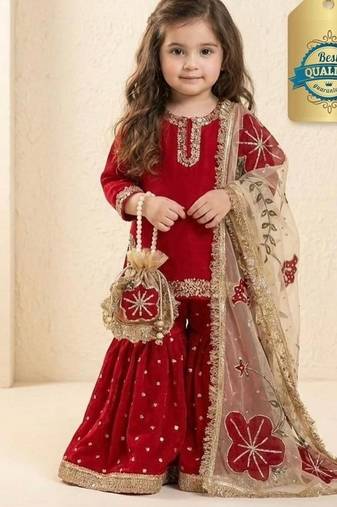 Designer party wear heavy silk kids top sharara & dupatta set