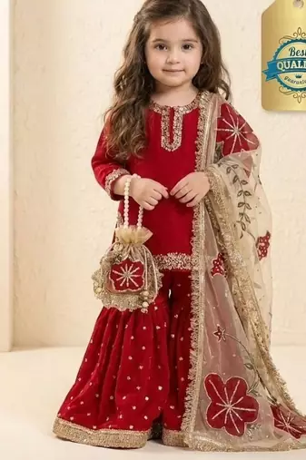 Designer party wear heavy silk kids top sharara & dupatta set