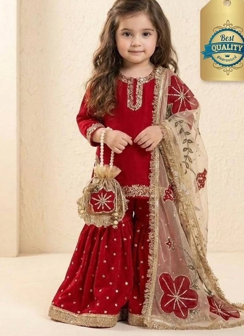 Designer party wear heavy silk kids top sharara & dupatta set