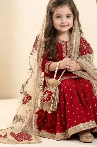 Designer party wear heavy silk kids top sharara & dupatta set