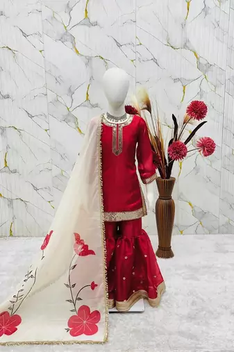 Designer party wear heavy silk kids top sharara & dupatta set