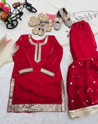 Designer party wear heavy silk kids top sharara & dupatta set 4