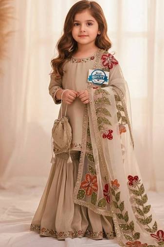 Designer party wear heavy silk kids top sharara & dupatta set