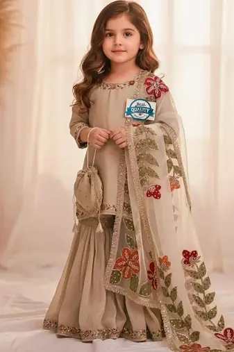 Designer party wear heavy silk kids top sharara & dupatta set