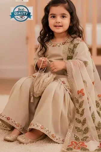 Designer party wear heavy silk kids top sharara & dupatta set