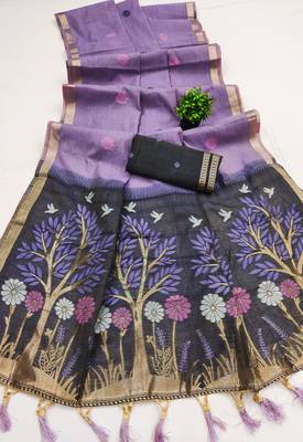 Purple Color  Meenakari  Weaving touchup Work Muga Cotton Saree  1