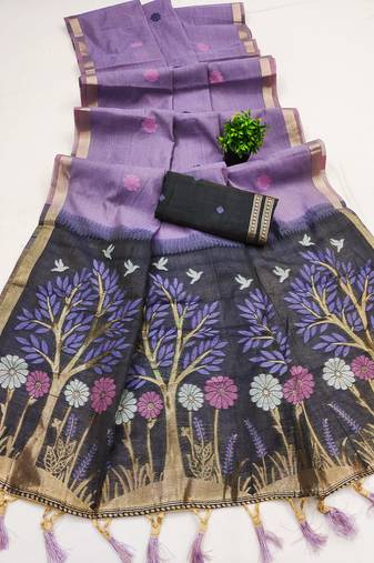 Purple Color  Meenakari  Weaving touchup Work Muga Cotton Saree 