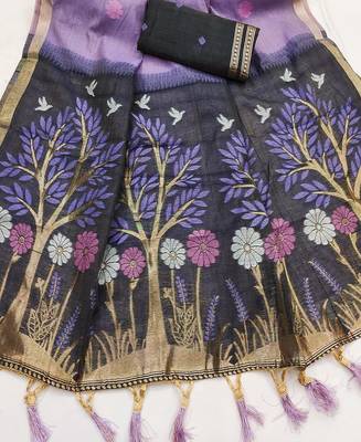 Purple Color  Meenakari  Weaving touchup Work Muga Cotton Saree  2