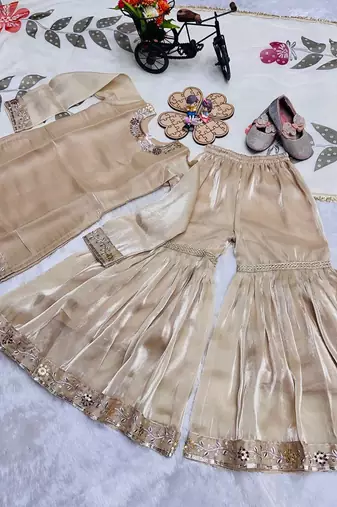 Designer party wear heavy silk kids top sharara & dupatta set
