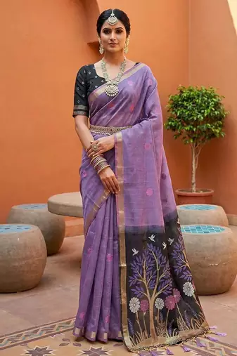 Purple Color  Meenakari  Weaving touchup Work Muga Cotton Saree 