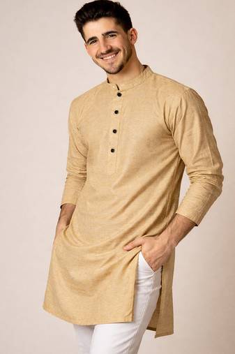 Beige color jaquard butti work jaquard silk kurta payjama set