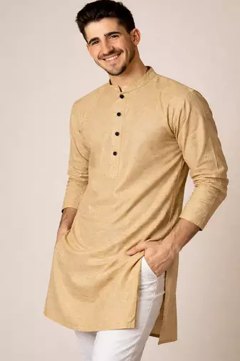 Beige color jaquard butti work jaquard silk kurta payjama set