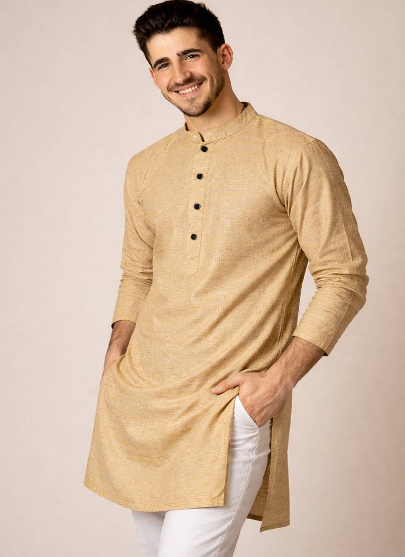 Beige color jaquard butti work jaquard silk kurta payjama set