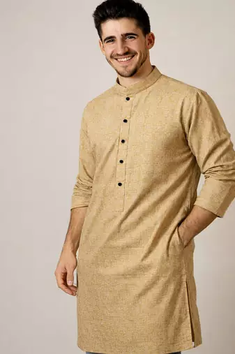 Beige color jaquard butti work jaquard silk kurta payjama set