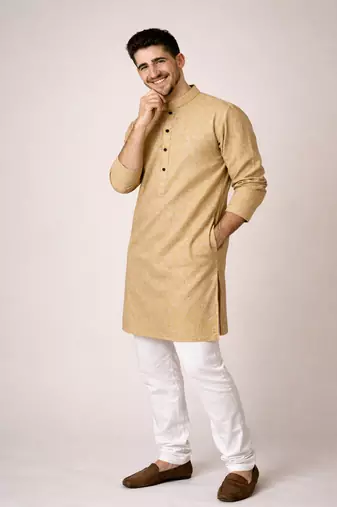 Beige color jaquard butti work jaquard silk kurta payjama set