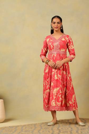 Anvi crimson abstract bloom gown