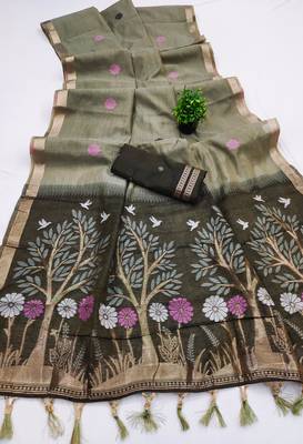 Olive Color  Meenakari  Weaving touchup Work Muga Cotton Saree  1