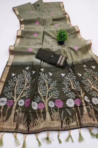 Olive Color  Meenakari  Weaving touchup Work Muga Cotton Saree 