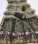 Olive Color  Meenakari  Weaving touchup Work Muga Cotton Saree 