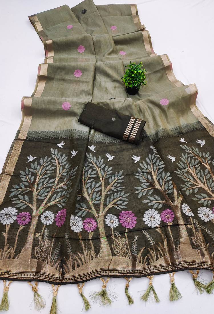 Olive Color  Meenakari  Weaving touchup Work Muga Cotton Saree 