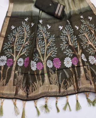 Olive Color  Meenakari  Weaving touchup Work Muga Cotton Saree  2