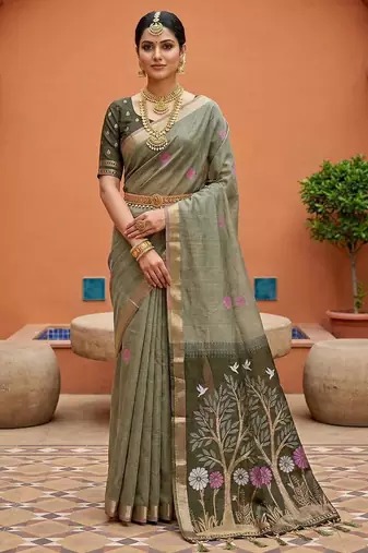 Olive Color  Meenakari  Weaving touchup Work Muga Cotton Saree 