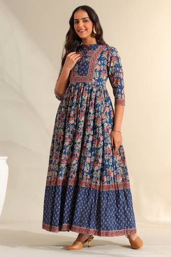 Ziva indigo botanical anarkali dress